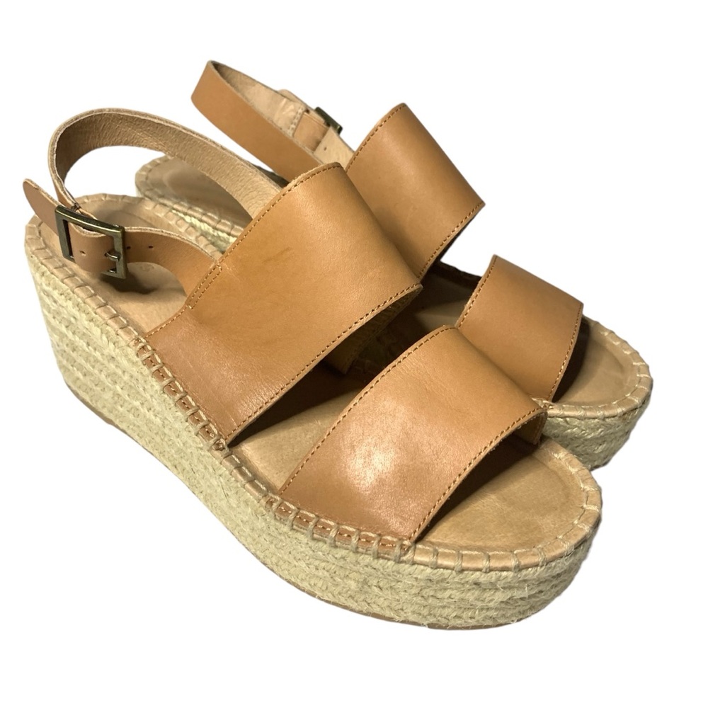 Soludo Minorca Size 8 Espadrille Platform Wedge Leather Sandal Tan